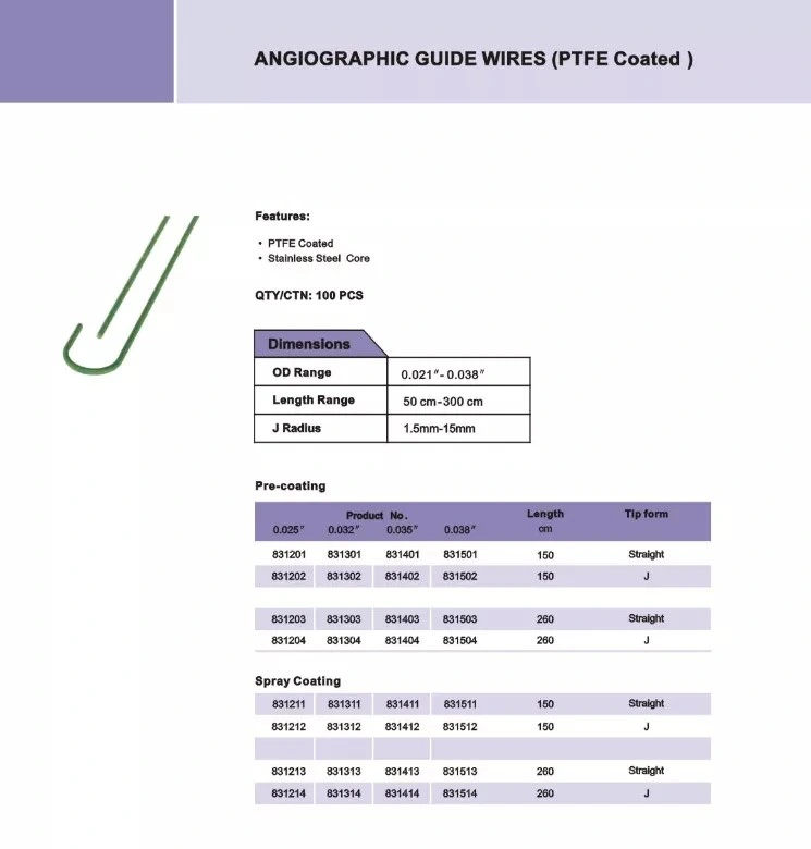 Medical Hydrophilic PTFE Coated Nitinol J Tip Catheter Guide Wire